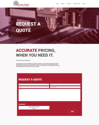 the request a quote page design of AC Steel after the web design case study concluded
