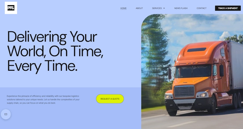 A screenshot of PFS Logistics homepage showing a modern and creative website design