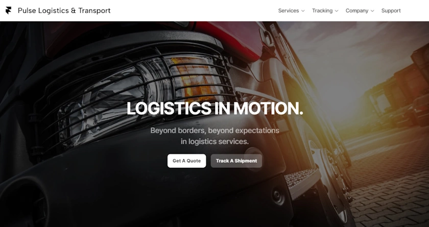 The homepage web design of Pulse logistics and transport showing a minimalist, clean website design